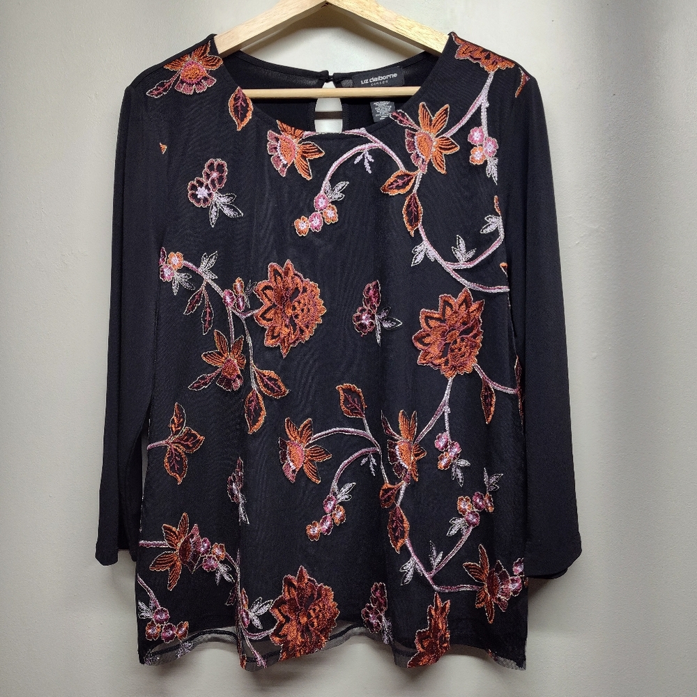 Liz Claiborne Career Top Women Size L Black Floral Embroidered 3/4 Sleeve